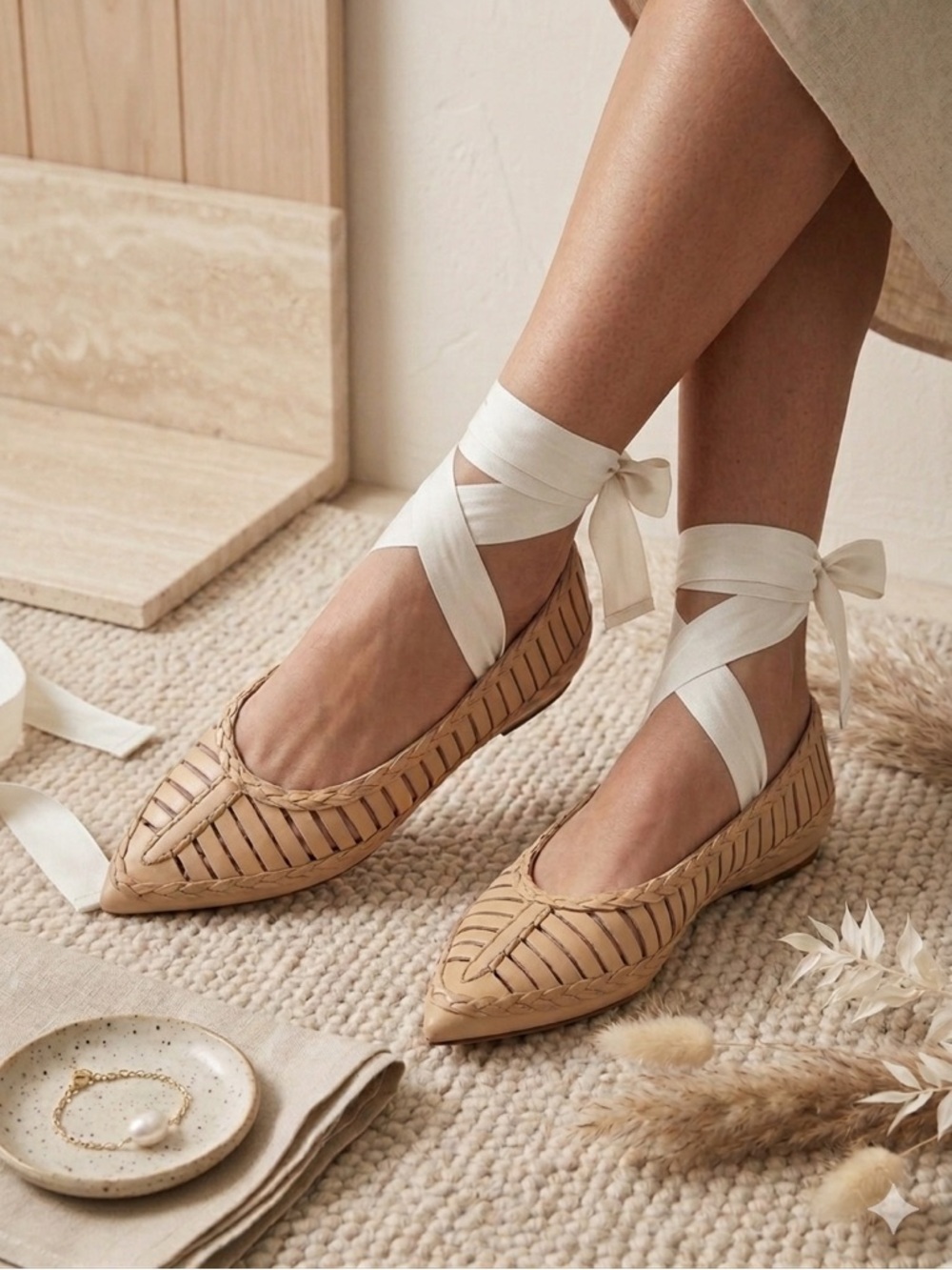 Ulla Johnson Ophelia Woven Vachetta Leather Flats Sand Beige Women’s 40 NIB